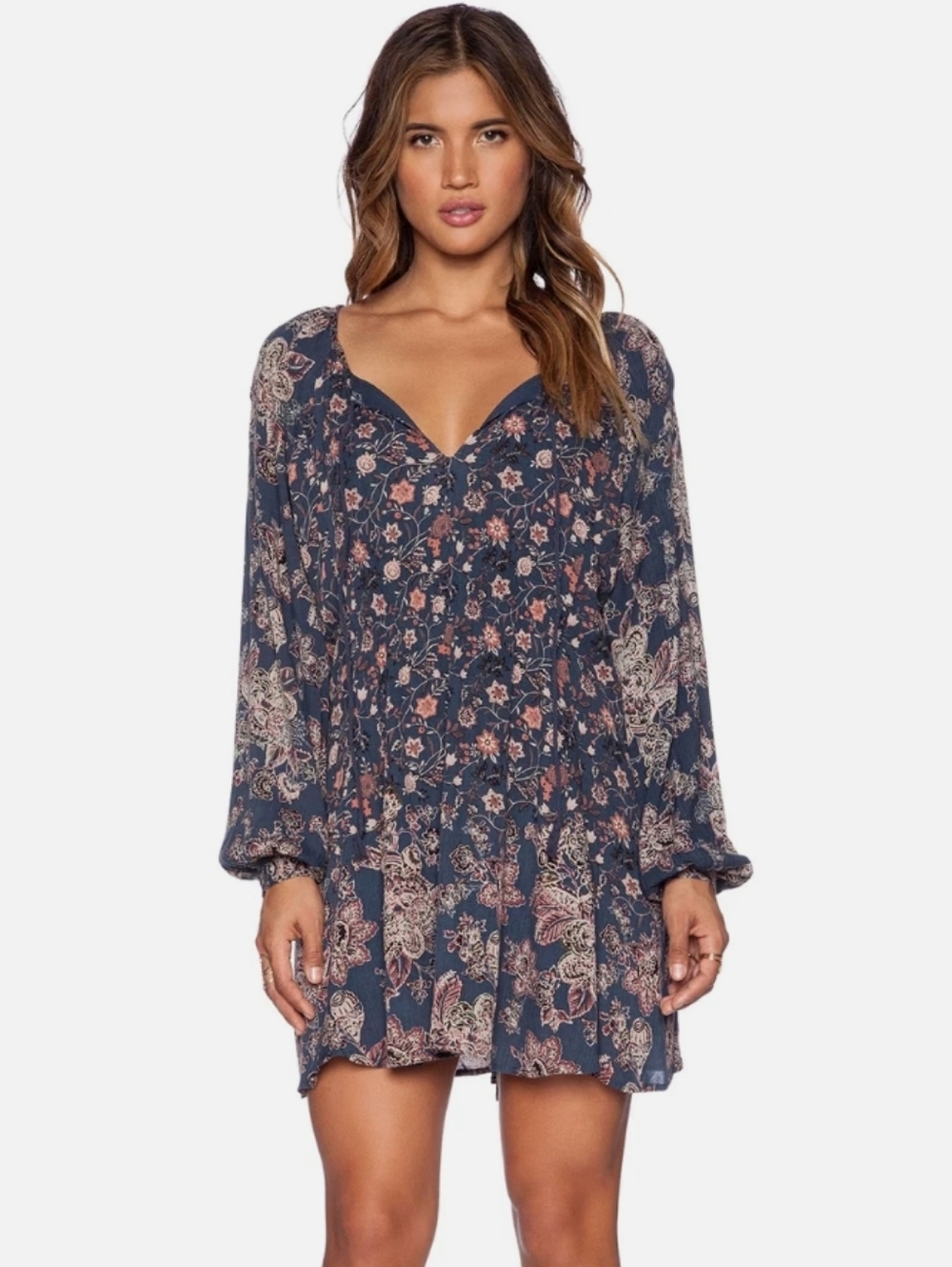 Free People Lucky Loosey Boho Floral Long-Sleeve Smocked Tunic Mini Dress